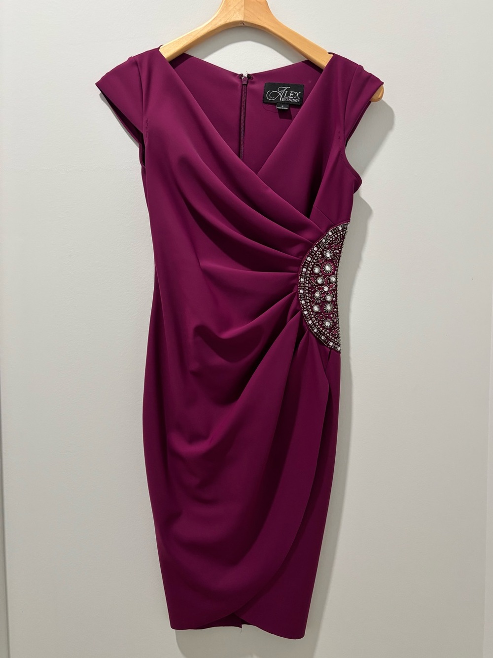 Alex Evenings Dress, Plum Midi, Beaded Side Detail, Size 2, Wedding, Cocktail